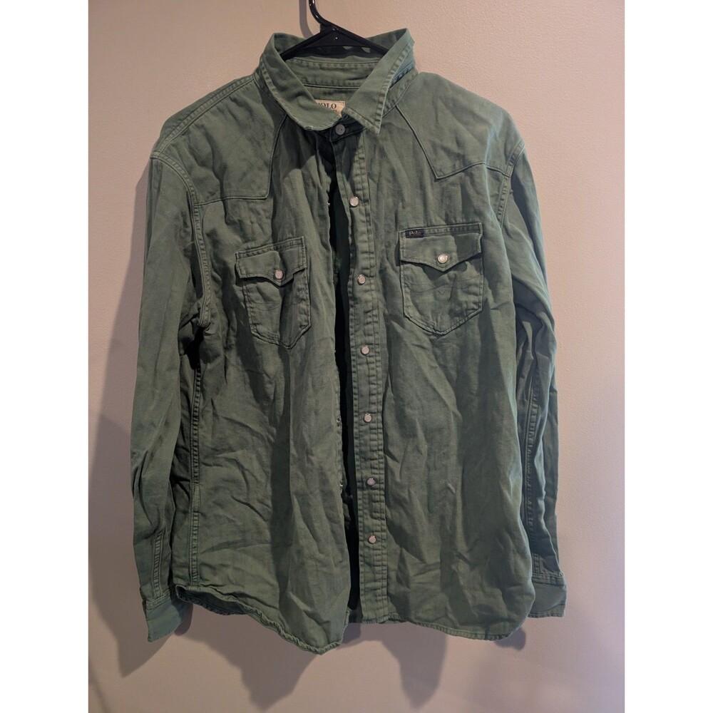 Polo Denim & Supply Large Shirt Olive Green Pearl Snap Western Cowboy Rodeo Logo